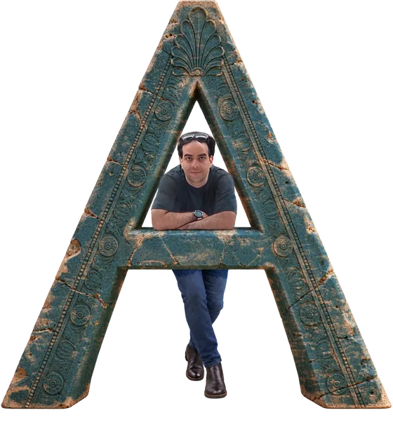 Amir Marashi, standing inside the teal letter A of The Third Script logo